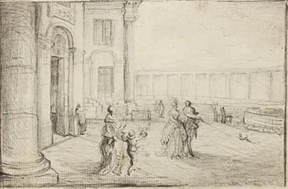 GABRIEL DE SAINT AUBIN (PARIS 1724 - 1780) Elégante assemblée devant Saint Pierre...