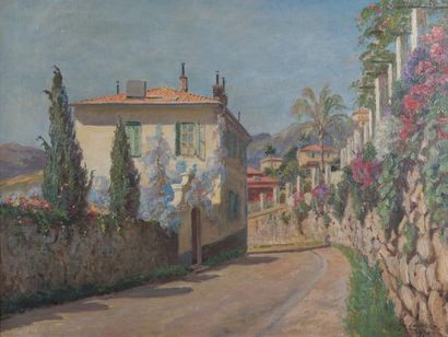Viggo LANGER (1860 - 1942) La route fleurie, 1930 Huile sur toile, signée et datée...