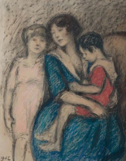 Georges d?ESPAGNAT (1870 - 1950) Mère et ses deux enfants Pastel, signé des initiales...