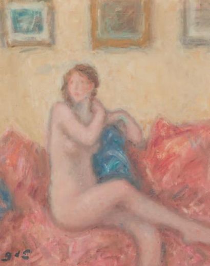 Georges d?ESPAGNAT (1870 - 1950) Modèle nu assis au canapé rouge Huile sur toile,...