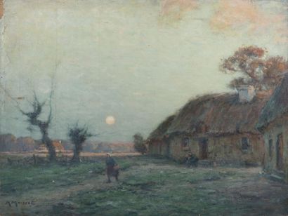Maurice MOISSET (1860 - 1946) Clair de lune sur la chaumière Huile sur toile, signée...