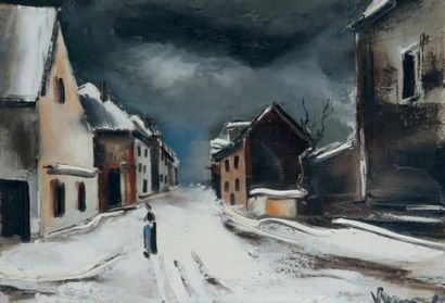 Maurice DE VLAMINCK (1876 - 1958) Rue de village sous la neige Huile sur toile, signée...