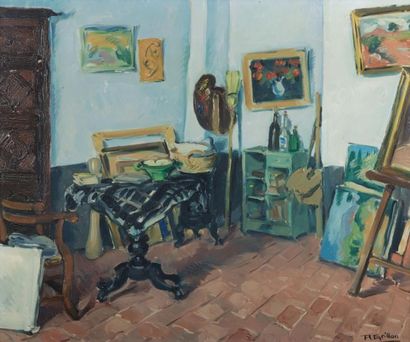Roger GRILLON (1881 - 1938) Dans l'atelier, 1935 Huile sur toile, signée en bas à...