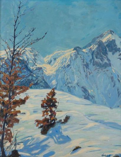 Otto BAURIEDL (1881 - 1961) Les Alpes sous la neige Huile sur toile, signée en bas...