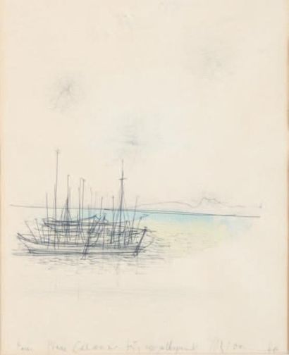 Jean CARZOU (1907 - 2000) Marine, 1960 Dessin au crayon noir rehaussé d'aquarelle,...