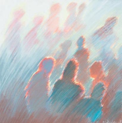 France MITROFANOFF (née en 1942) La foule Pastel, signé en bas à droite 23,5 x 23,5...