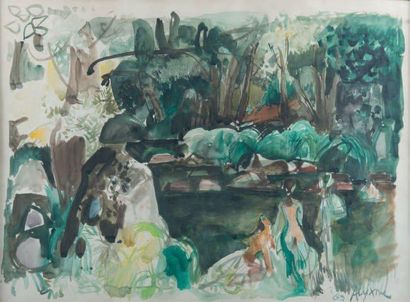 Jean AUJAME (1905 - 1965) Baigneuses en bord de rivière, 1963 Aquarelle, signée et...