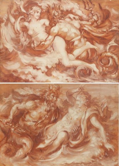  Neptune et naïade Deux huiles sur toile marouflée sur panneau, 38 x 55 - 39 x 52...