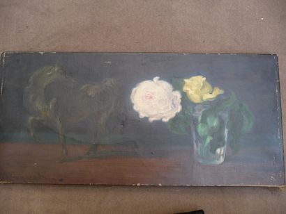 null Fleurs et cheval Huile sur toile, 25 x 54 cm Signée en bas à gauche (Trou, quelques...