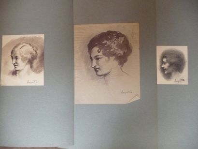 null Visages féminins Dessin au crayon et lavis, 15,5 x 13,5 - 12 x 9,5 24,5 x 20...