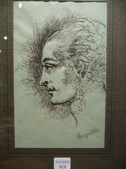 null Profil de femme Dessin à l'encre sur papier bleu, 19 x 12 cm Signé en bas à...