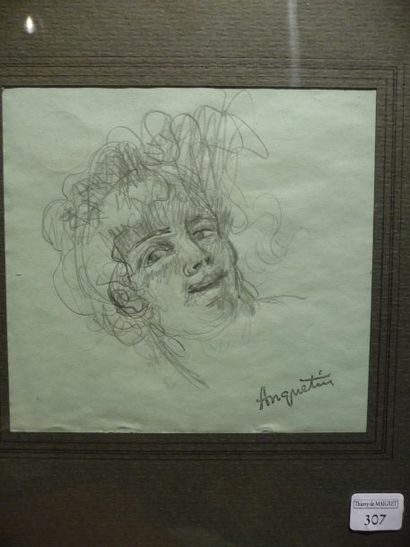 null Visage de femme Dessin à la mine de plomb sur papier vert, 14 x 14 cm Signé...