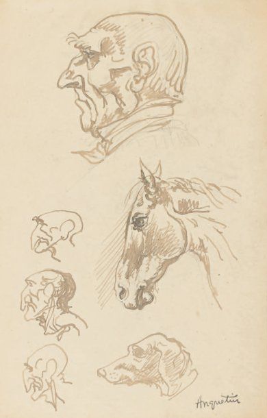 null Laboureur, dessin au fusain, 27,5 x 30,5 cm Portraits : homme, cheval, chien,...