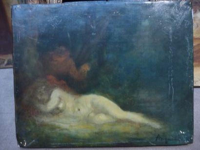 null Faune découvrant une nymphe - circa 1910 Huile sur toile, 22 x 27 cm Signée...