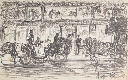 null Rue de Paris, circa 1893 Encre de chine, 13 x 21 cm Signée en bas à droite du...