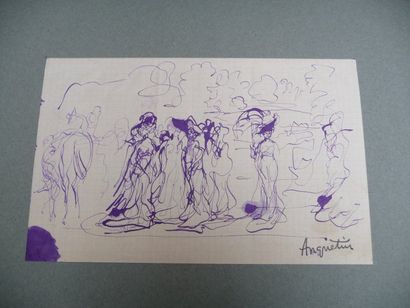 null Aux courses - circa 1895 Dessin à l'encre violette, 13,5 x 20 cm Signés en bas...