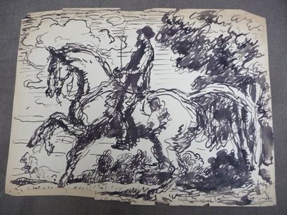null Autoportrait à cheval Dessin à l'encre, 31 x 40 - 16 x 22 cm Signés en bas à...