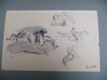 null Autoportrait à cheval Dessin au crayon, 27 x 21,5 cm Jockey Crayon et fusain,...