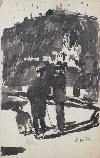null Louis Anquetin et Toulouse Lautrec à Vétheuil Encre de chine, 31 x 20 cm Signée...