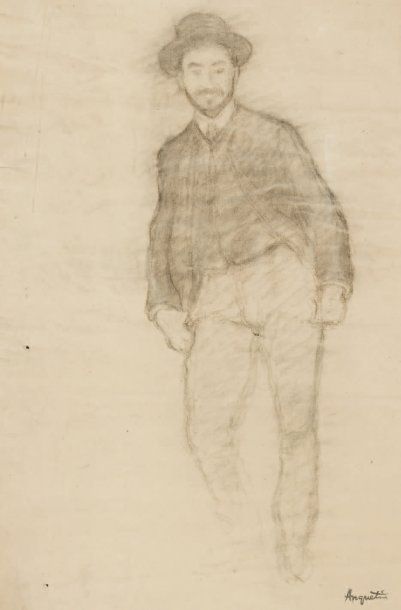 null Portrait d'homme au chapeau Fusain, 61 x 31 cm Signé en bas à droite du cachet...