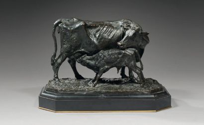 Pierre Jules MENE (Paris, 1810 - Paris, 1879) Vache Flamande et son veau Bronze à...