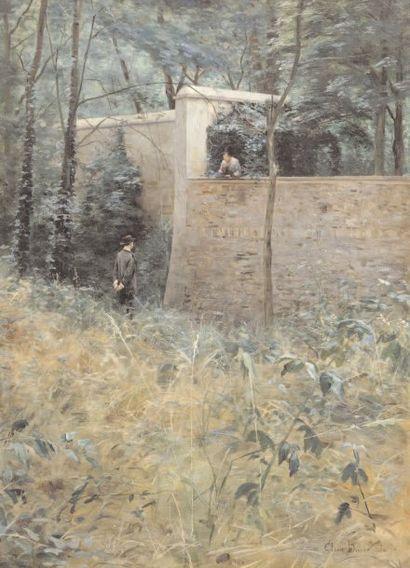 Clovis François Auguste DIDIER (Né en 1858) Au mur du parc, la rencontre, 1884 Huile...