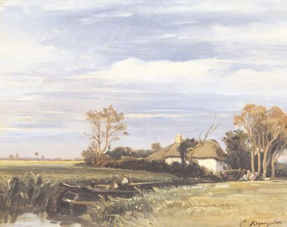 Camille Joseph Etienne ROQUEPLAN (1803-1855) Barque près de la chaumière Huile sur...