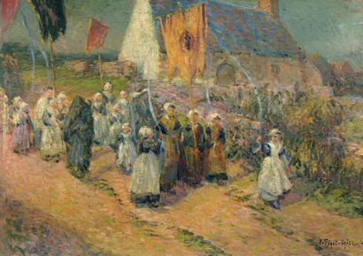 Jean Bertrand PÉGOT-OGIER (1878-1915) Procession Bretonne Huile sur carton, signée...