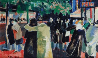 André BRASILIER (Né en 1929) Les amoureux du Montparnasse, 1952 Huile sur toile,...