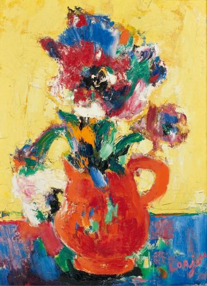 Bernard LORJOU (1908-1986) Fleurs au vase rouge Huile sur toile, signée en bas à...