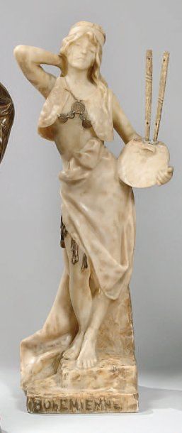 VILLANIS Emmanuel (1858-1920) « Bohémienne ». Sculpture en albâtre, taille directe....