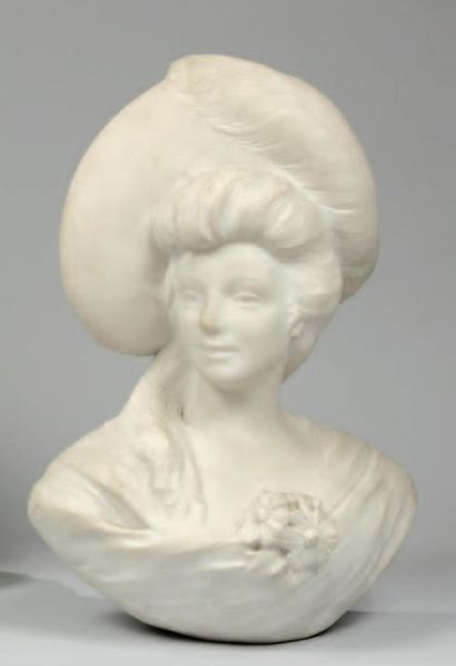 OLIVERI P. « Buste de jeune femme ». Sculpture en albâtre, taille directe. Signée....