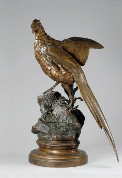 DUBUCAND Alfred (1828-1894) « Faisan et lézard». Importante épreuve en bronze à patine...