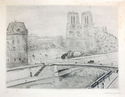 ALBERT MARQUET Notre - Dame et le quai. 23 x 30,4 cm. Pointe sèche. Epreuve sur vélin,...