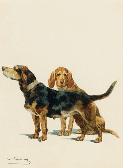 Charles Fernand de CONDAMY (1855-1913) Deux chiens courants Aquarelle et gouache,...