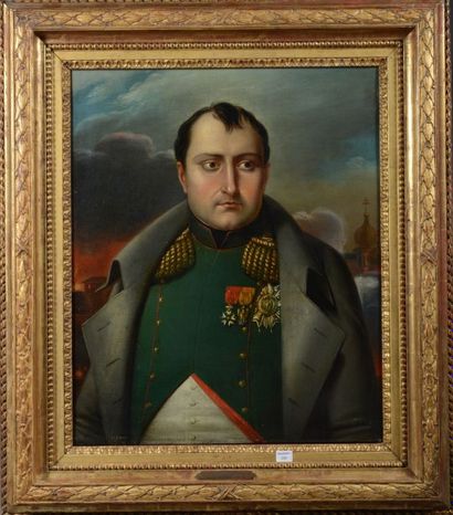 null Huile sur toile, Portrait en buste de l'Empereur Napoléon 1er en tenue de chasseur...