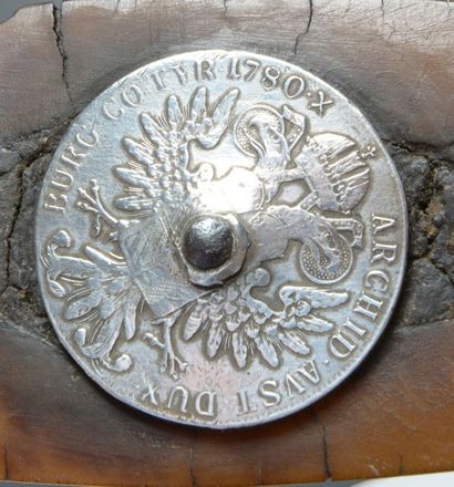 null Sabre éthiopien, poignée en corne, partie supérieure ornée d'une pièce de monnaie...