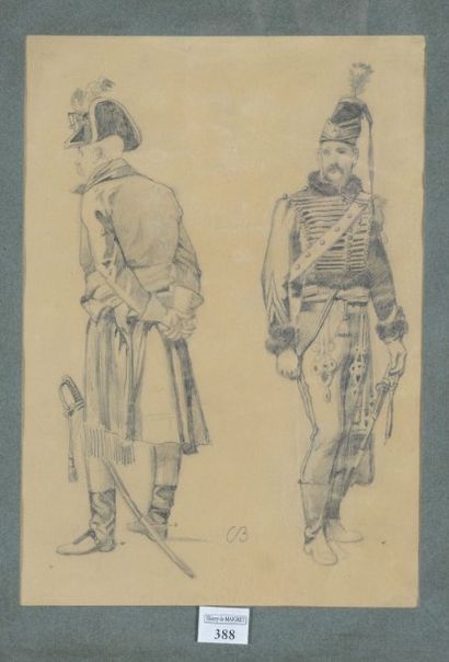 Bombled (1862-1927) Dessin représentant un hussard et un officier général monogrammé...