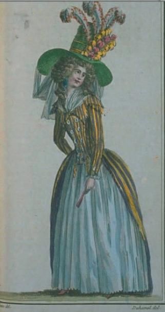 null Superbe robe redingote, vers 1787. Satin de coton et soie gris charbon à bandes...