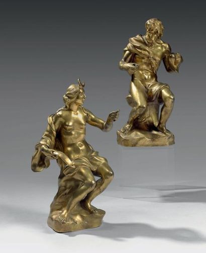 null Paire de statuettes en bronze ciselé et doré représentant Diane et Neptune assis...