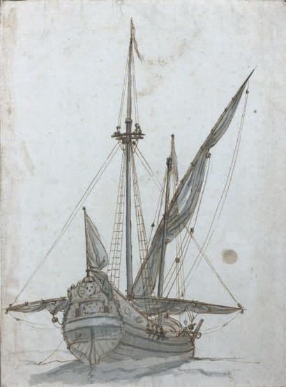 Joseph VERNET (Avignon 1714 - Paris 1789) Etude pour un bateau Plume et encre brune,...