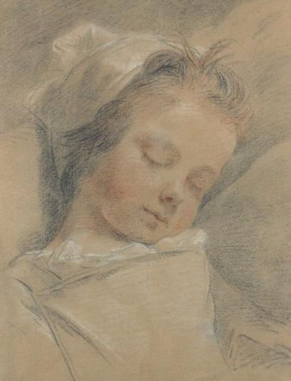 DELAFUE (Actif en France vers 1770) Portrait d'une petite fille endormie Pierre noire,...