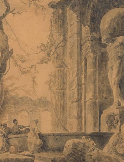 Hubert ROBERT (Paris 1733 - 1808) Lavandières près d'une fontaine dans les ruines...