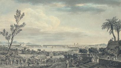 Nicolas OZANNE (Brest 1728 - Paris 1811) Vue du port d'Antibes Plume et encre noire,...