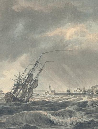 Nicolas OZANNE (Brest 1728 - Paris 1811) Vue du port de Sète Plume et encre noire,...