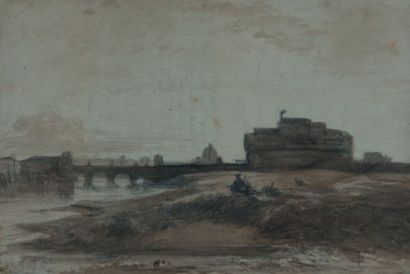 FELIX ZIEM (1821 - 1911) Rome, le château Saint-Ange, le peintre sur le motif Aquarelle,...