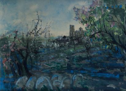 Pierre LAPRADE (1875 - 1931) Printemps, le village Gouache, signée vers le bas vers...