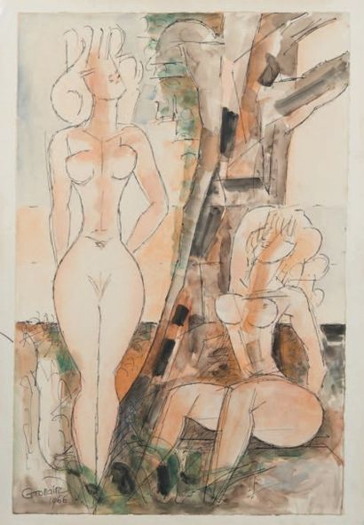 Marcel GROMAIRE (1892 - 1971) Nu debout et nus assis sous un arbre, 1966 Aquarelle...