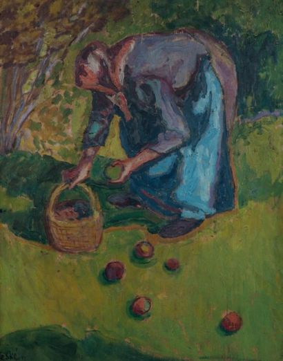 Jean PESKE (1870 - 1949) La ramasseuse de pommes Huile sur panneau, signée en bas...