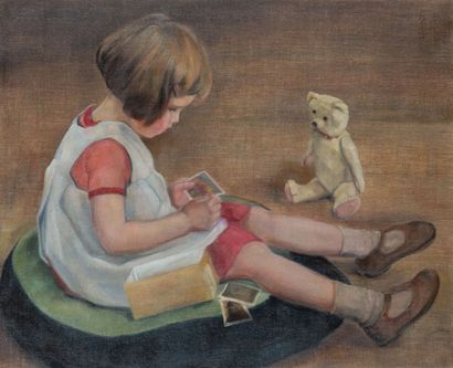 Attribué à Louis HALFLANT L'enfant au nounours Huile sur toile 65 x 80 cm